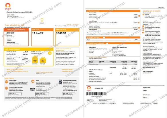 Australia New South Wales (NSW) Origin electricity utility bill template in Word and PDF format 1 2